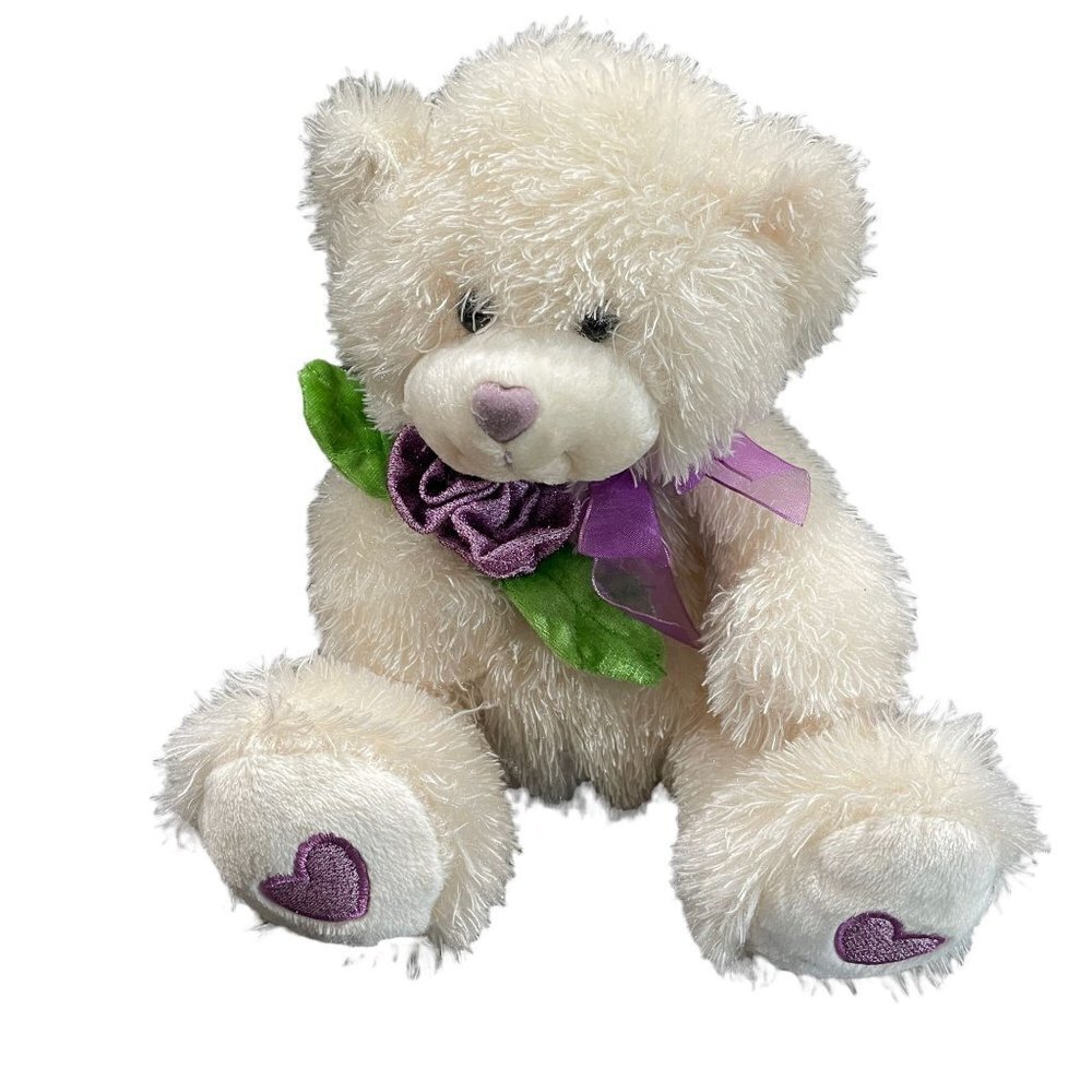 Caltoy Teddy Bear Stuffed Animal Plush Cream Purple Heart Feet‎ Bow 10"